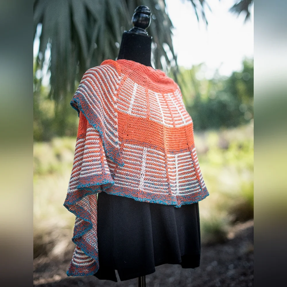 Hand Crafted OOAK Avantgarde Boho Striped Cotton Orange Blue Summer Knit Shawl - Picture 11 of 15